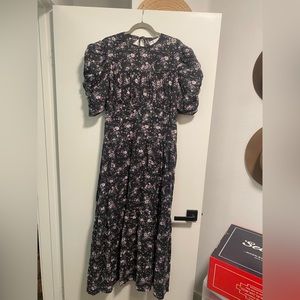 ASOS DESIGN cotton tiered midi dress with ruched sleeves and button back detail